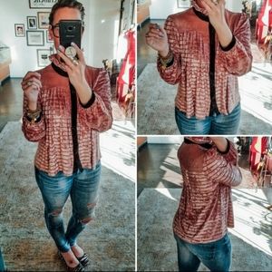 POL Blush Velvet Lace Button Up Long Sleeve Blouse